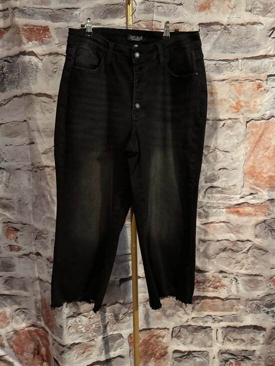 Judy Blue Denim - Judy Blue - Distrressed Raw Hem Cropped Wide Leg Jeans - Black - 14w